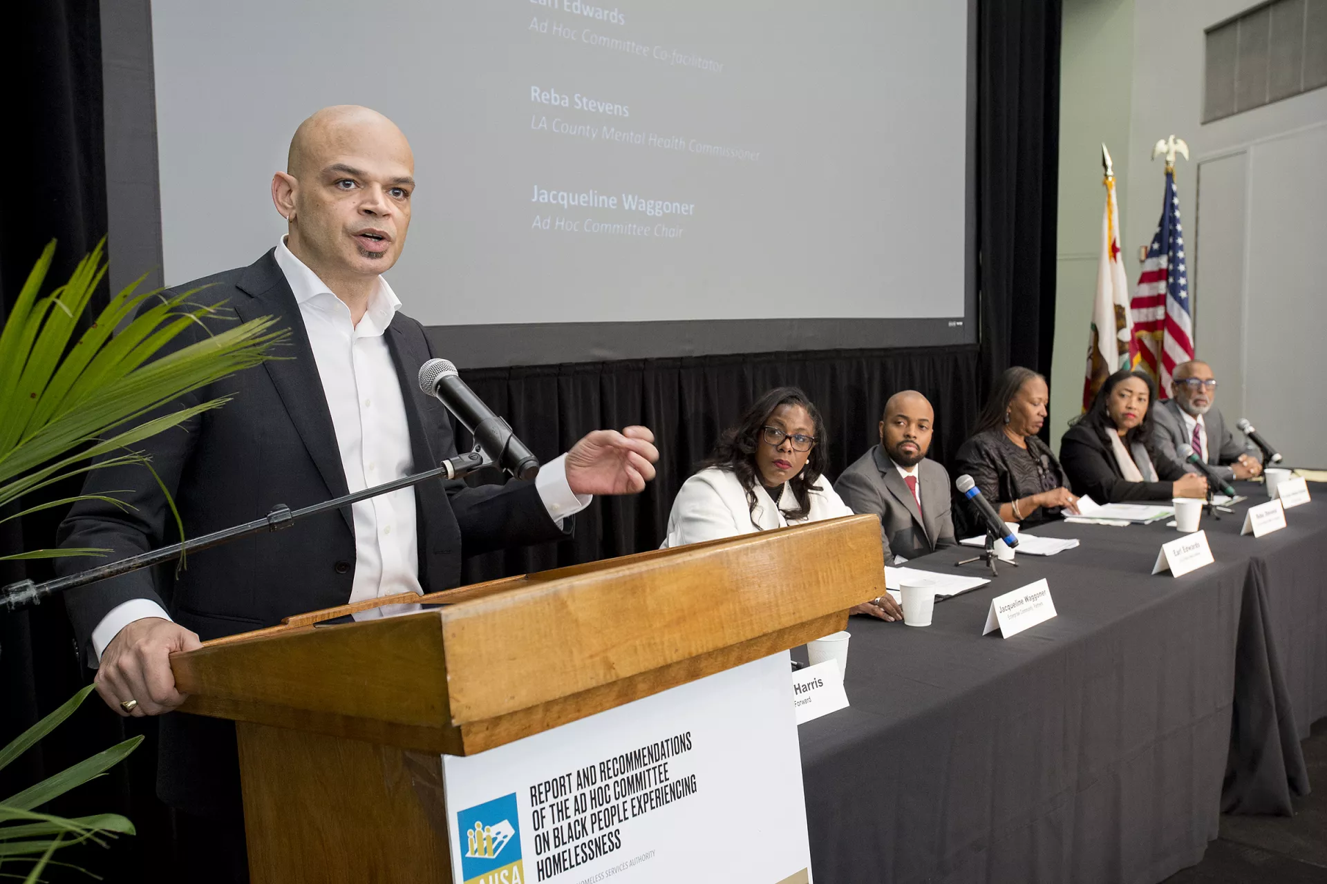 Launch of the report of the Ad Hoc Committee on Black People Experiencing Homelessness at California African American Museum, Los Angeles (February 2019). Glenn Harris, President, Race Forward; Jacqueline Waggoner, LAHSA Com-missioner and Chair of the Ad Hoc Committee; Earl Edwards, UCLA; Reba Stevens, Mental Health Commissioner and Lived Expertise; Dr. Va Lecia Adams Kellum, President and CEO, St Joseph Center; Dr Jack Barbour, CEO, SCHARP.